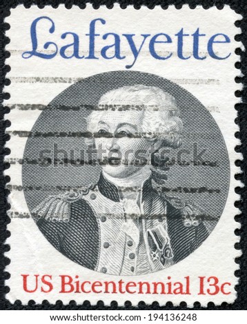 USA - CIRCA 1977: A postage stamp printed in the USA, dedicated to the 200th anniversary of Lafayette\'s landing on the coast of SC, north of Charleston, shows the Marquis de Lafayette, circa 1977
