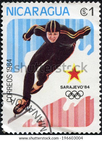 NICARAGUA - CIRCA 1984: a stamp printed in Nicaragua shows Speed Skating, 1984 Winter Olympics, Sarajevo, circa 1984