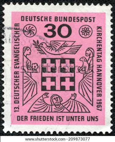 GERMANY - CIRCA 1967: a stamp printed in the Germany shows Peace is Among Us, 13th Meeting of German Protestants, Hanover, circa 1967
