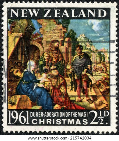 NEW ZEALAND - CIRCA 1961: A greeting Christmas stamp printed in New Zealand shows birth of Jesus Christ, adoration of the Magi, circa 1961