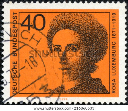 GERMANY - CIRCA 1974: A stamp printed in Germany shows Rosa Luxemburg (1871-1919), series Honoring German women writers and leaders in political and women\'s movements, circa 1974