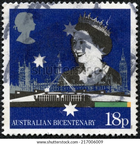 UNITED KINGDOM - CIRCA 1988: Used postage stamp printed in Britain celebrating the Bicentenary of Australian Settlement showing Australian and British Parliament Buildings, circa 1988