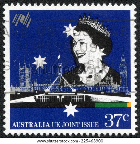 UNITED KINGDOM - CIRCA 1988: Used postage stamp printed in Britain celebrating the Bicentenary of Australian Settlement showing Australian and British Parliament Buildings, circa 1988