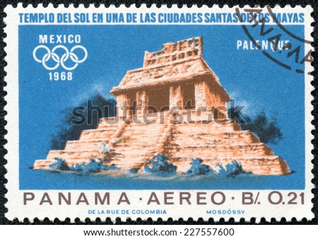 PANAMA - CIRCA 1967: a stamp printed in the Panama shows Indian Ruins at Palenque, Maya Culture, 1968 Summer Olympics, Mexico City, circa 1967