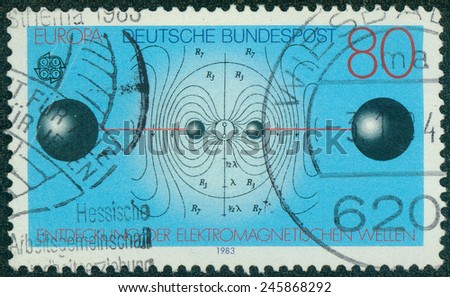 GERMANY - CIRCA 1983: A stamp printed in German Federal Republic shows Resonant Circuit, Electric Flux Lines, Discovery of Electromagnetic Waves by Heinrich Hertz, circa 1983
