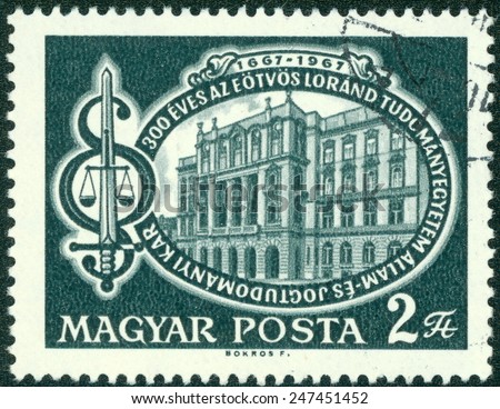 HUNGARY - CIRCA 1967: A stamp printed in Hungary issued for the 300th anniversary of Political Law and Science Faculty, Lorand Eotvos University, Budapest shows Faculty Building, circa 1967.