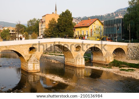 SARAJEVO, BOSNIA AND HERZEGOVINA - AUGUST 25, 2012: The Latin bridge in Sarajevo.In 1914 Gavrilo Princip had assassinated of Archduke Ferdinand near this bridge, prompting the outbreak of World War I.