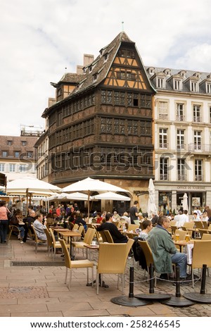 STRASBOURG, FRANCE - SEPTEMBER 09, 2010: Open-air cafe on the Cathedral square in the historical center of Strasbourg, France.