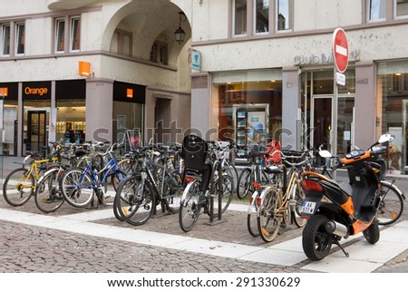 STRASBOURG, FRANCE - SEPTEMBER 12, 2010: A parking of bicycles in Strasbourg city. Strasbourg is the capital and principal city of the Alsace region and is the official seat of the European Parliament