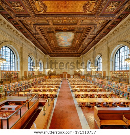 NEW YORK, USA - MARCH 14: Symmetrical composition of the historical Rose Main Reading Room in New York Public Library NYPL , on March 14, 2014 in New York, USA.
