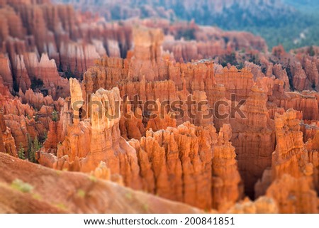 Tilt-shift effect of spectacular Hoodoo rock spires located in southwestern Utah, Bryce Canyon National Park, one of the most unique places on Earth.