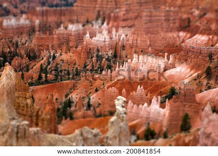 Tilt-shift effect of spectacular Hoodoo rock spires located in southwestern Utah, Bryce Canyon National Park, one of the most unique places on Earth.