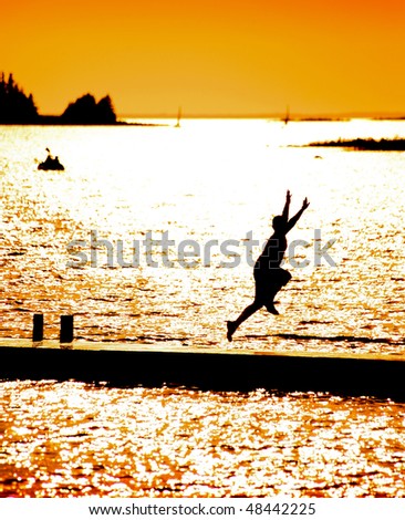 Boy Jumping Off Dock On Sunny Afternoon