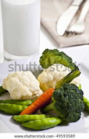 Vegetables On Plate With Glass Of Milk And Cutlery