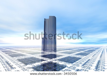 Futuristic office building on high tech plain