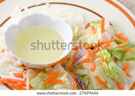 Salad ingredients of oil with carrots and lettuce