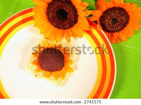 Sunflower theme party food black bean dip with cheese on white bread