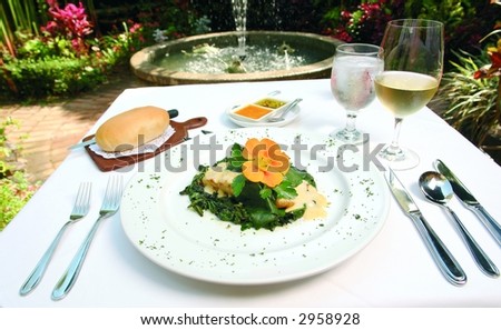 Seabass with spinach sauce and decorated with a eatable flower in a garden restaurant setting