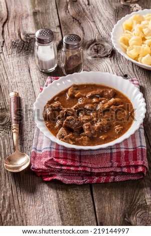 Goulash soup with pork and mushrooms.