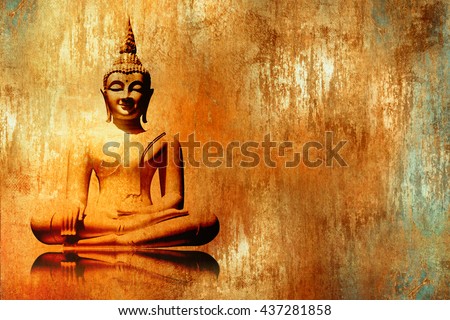 Buddha image in lotus position in grunge orange gold painting style - meditation background