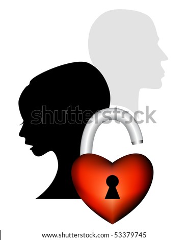 stock photo : Broken love - heart padlock and face silhouette of a couple having an