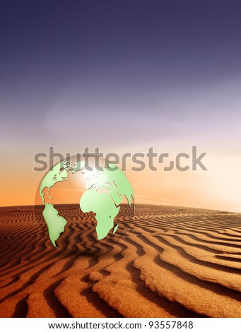Global warming concept - climate change - desert landscape and globe with nature background
