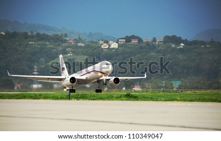 SOCHI,RUSSIA-AUG16: The TU-214SUS Russian government Squadron takes off from the airport on Aug 16, 2012 in Sochi, Russia. This liner is designed to carry the head of state and government delegations.