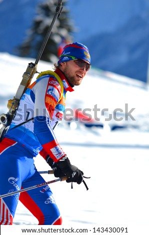 SOCHI, RUSSIA - FEBRUARY 9: Unidentified athlete competes in IBU Regional Cup in Sochi on February 9, 2013. The combined ski-biathlon complex \