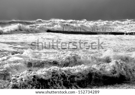 A powerful winter storm in the Black Sea near Sochi black and white