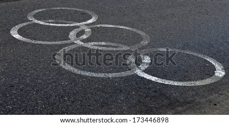 RUSSIA, Sochi - January 10, 2014: Olympic Temporary markings on a dedicated lane for accredited transport on the asphalt for the Winter Olympics 2014
