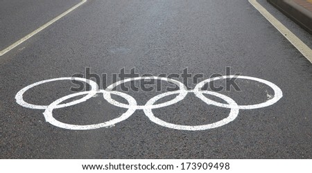 Russia, Sochi - January 29, 2014: Olympic Temporary Markings On A Dedicated Lane For Accredited Transport On The Asphalt Road For The Winter Olympics 2014