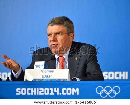 SOCHI, RUSSIA - FEBRUARY 7, 2014: President of  International Olympic Committees Tomas Bach on a press conference a few hours before the opening ceremony of the Olympic Games 2014