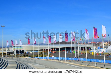 SOCHI, RUSSIA - FEBRUARY 7, 2014: Olympic flags with the symbol of the Sochi 2014 in Olympic park