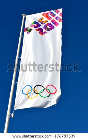SOCHI, RUSSIA - FEBRUARY 7, 2014: Olympic flag with the symbol of the Sochi 2014 in Olympic park