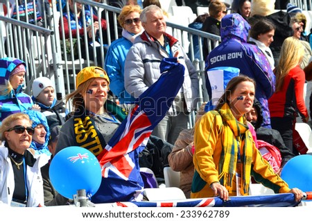 SOCHI, RUSSIA - March 16, 2014: Sport funs of Team Australia with national flags on Winter Paralympic Games  in Sochi.