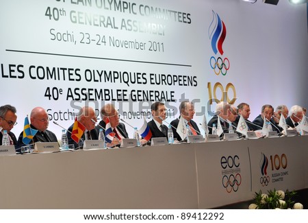 SOCHI, RUSSIA - NOVEMBER 23: The European Olympic Committees 40th General Assembly on November  23, 2011 in Sochi, Russia. Presidents of the European Olympic Committees on the podium