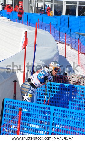 SOCHI, RUSSIA, FEBRUARY 8: FIS Alpine Ski World Cup  2011/2012 in February 8, 2012 Sochi, Russia, ski resort Rosa Khutor. Finishing Bode Miller (USA)