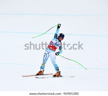 SOCHI, RUSSIA - FEBRUARY 18: Stacey Cook competes in the FIS Alpine Ski World Cup  2011/2012 on February 18, 2012 Russia, Sochi, Rosa Khutor.