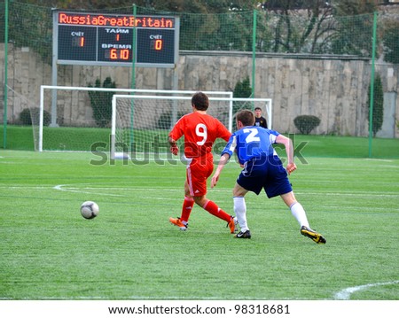 SOCHI,RUSSIA-MARCH 20:7-a-side soccer match Russia (red) VS Great Britain (blue) for people with cerebral palsy on Mar. 20 2012 in Sochi.The tournament is in preparation for Paralympics 2012 in London