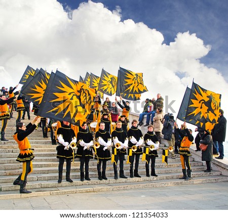 VENICE, ITALY - FEBRUARY 18: Unidentified participants in the inaugural Carnival parade in Venice. The Carnival of Venice on February 18, 2006.