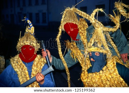 DOBRA, LESSER POLAND - MARCH 28: Straw masks during Easter Monday awaiting women and girls so that they can pour water on march 28, 2005 in Dobra village, Poland
