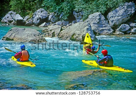 SOCA RIVER, SLOVENIA - JULY 8: White water kayaking on the rapids of river Soca on July 8, 1998 in Triglav national park, Slovenia. Soca is one of the most beautiful rivers of Europe.