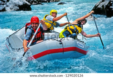 SOCA RIVER SLOVENIA JULY 8 White water rafting on the rapids of river Soca on July 8 1998 in Triglav national park Slovenia Soca is one of the most beautiful rivers of Europe SOCA RIVER SLOVENIA JULY 8 White water rafting on the rapids of river Soca on July 8 1998 in Triglav national park Slovenia Soca is one of the most beautiful rivers of Europe