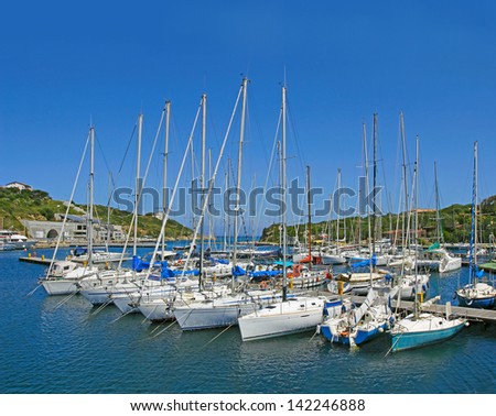 Yachts anchored at the Marina di Santa Teresa di Gallura in the north of Sardinia, Italy -  \