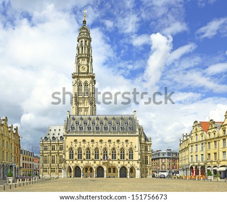 Town hall with a tower in Arras that belongs to the set of belfries of Belgium and France - UNESCO World Heritage Site. The historic centre of the Artois region.