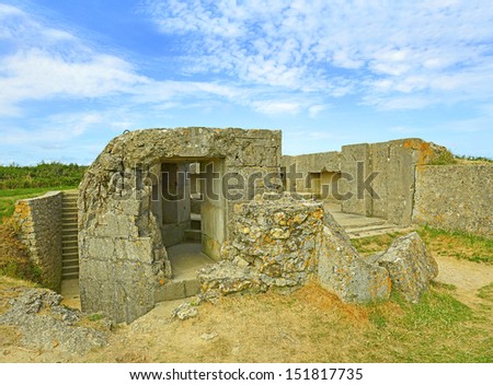 Old broken German bunkers of Atlantic Wall on Pointe-Du-Hoc. Western end of the Omaha beach sector, Normandy, France