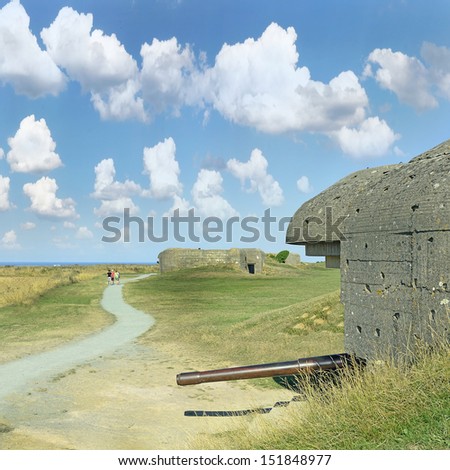 Old broken German bunkers of Atlantic Wall and artillery battery of Longues sur Mer. The battery at Longues was situated between the landing beaches Omaha and Gold, Normandy, France