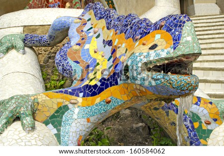 BARCELONA, SPAIN - MARCH 15: Ceramic dragon fountain in Parc Guell, designed by Antonio Gaudi, on March 15, 2007 in Barcelona. Part of the UNESCO World Heritage Site \