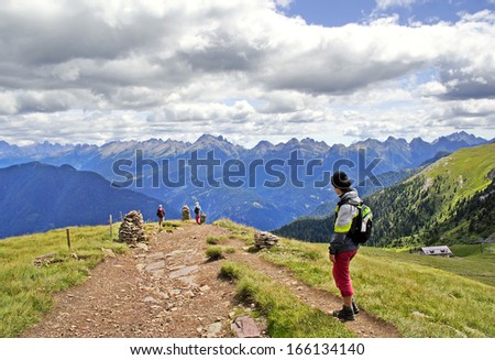 Dolomites Latemar, Italy. Walking trail in the Dolomites Mountains.