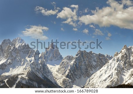 Dolomite mountains. View from Mount Elmo on the Sexten Dolomites in South Tyrol, Italy - UNESCO World Heritage Site